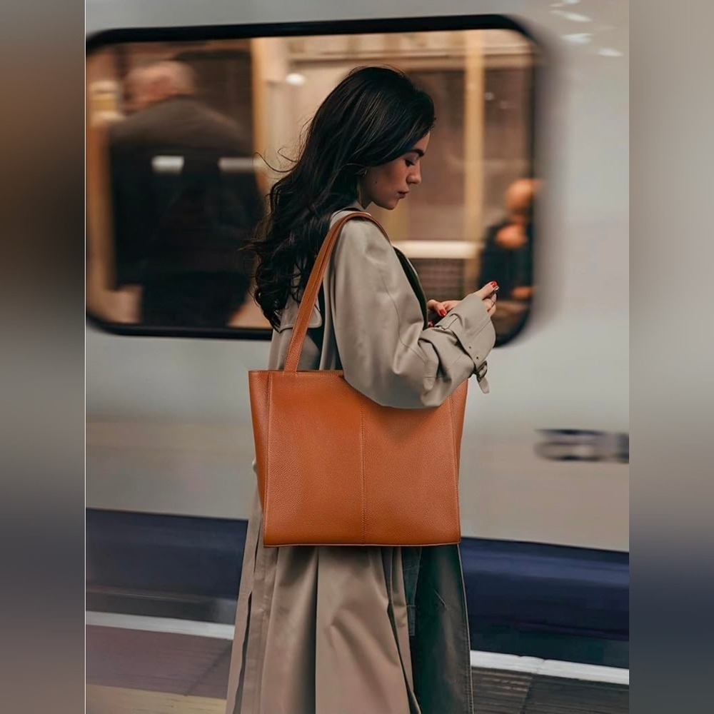 Genuine Leather Tote Bag with Laptop Compartment - Picture 2 of 15